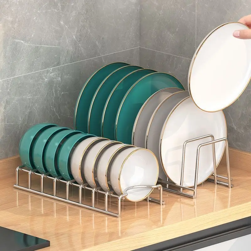 Plates Pan Countertop 7 Slots Shelf Kitchen Pot Lid Holder Dish Rack Drying Stand Stainless Steel Sink Draining Bowl Storage