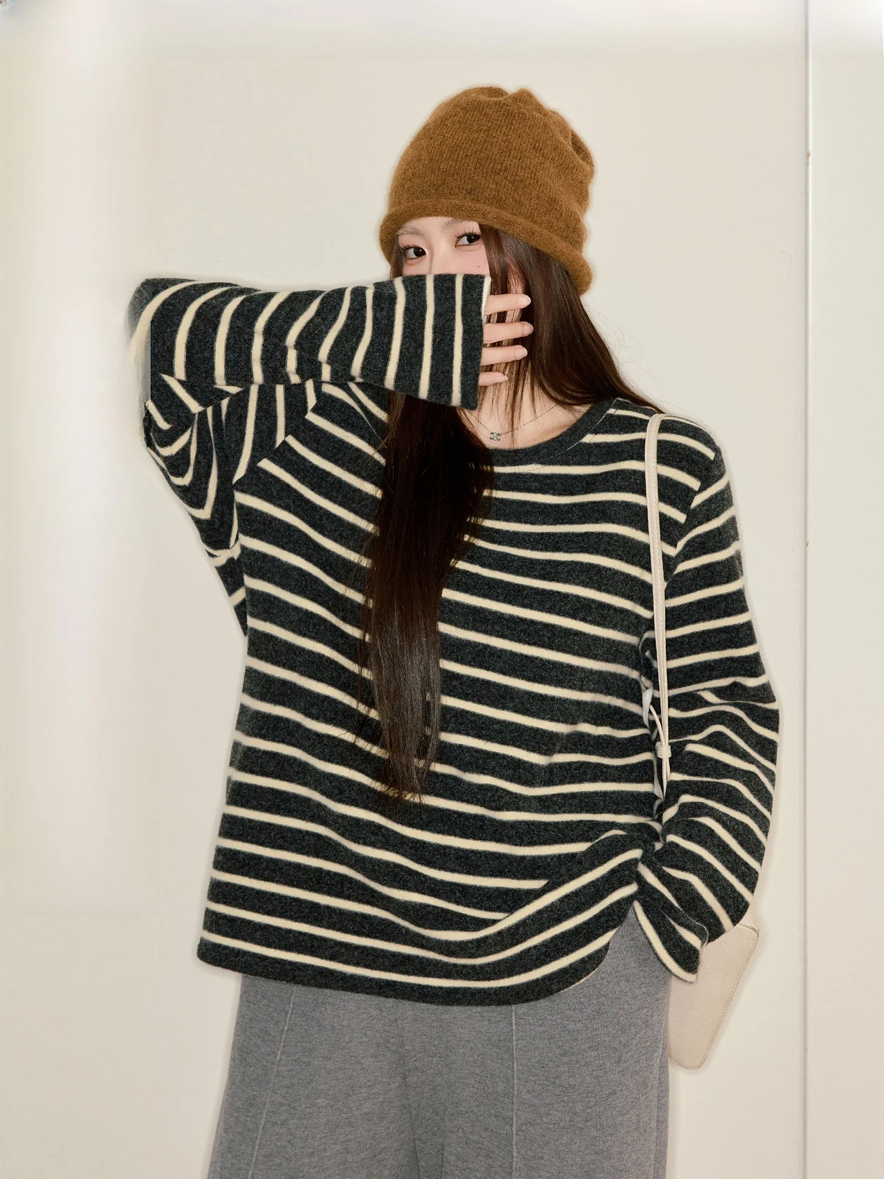 

Warm Fce-Like Long Sve Top plus Size Loose Fit Thiened Striped T-irt by Juxiu Studio Comfortable Lazy Sle Women's...