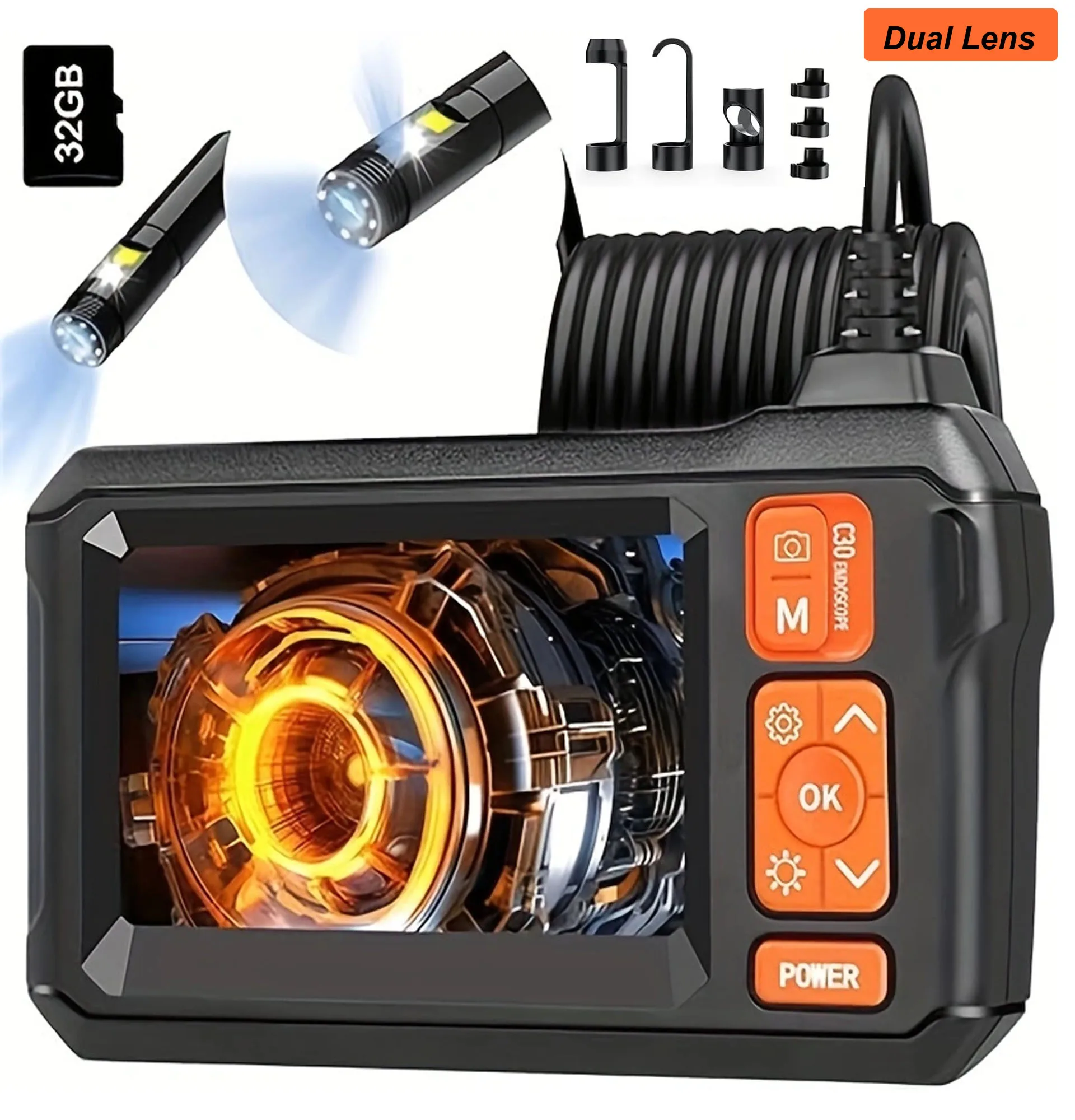 

Dual Lens Industrial Endoscope, 1080P Digital Borescope Inspection Camera 4.3" LCD Screen,7 LED Lights,16.5FT Semi-Rigid Cable