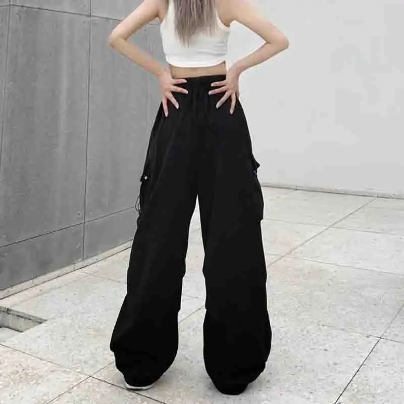 2024 Moda Luźne Spodnie Cargo Kobiety Dorywczo Czarne Proste Spodnie Vintage Szerokie Nogawki Kieszenie Y2k Streetwear Lady Pant 28958
