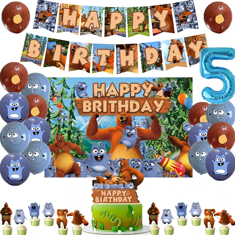 Grizzy And Lemmings Birthday Party Decoration Bear Balloon Backdrop BannerCake Topper Party Supplise Kids Toys