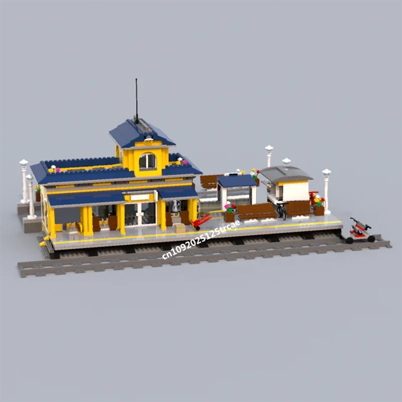 New 1936Pcs City Hot Street View Moc Modular Yellow Train Station Model  Custom Puzzles Diy Creative Ideas Toys Birthday Gifts