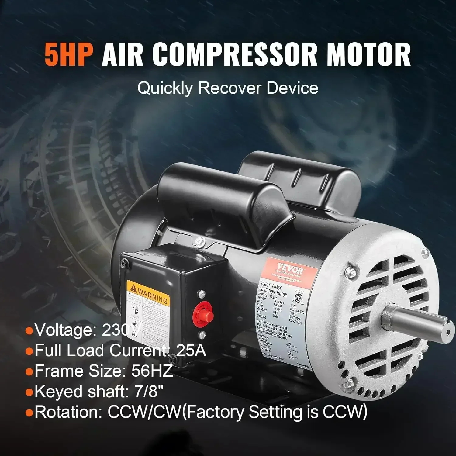 [Limited Time Offer, Today Only!]5HP Air Compressor Electric Motor, 230V 25 Amps, 56HZ Frame 3450RPM, 7/8
