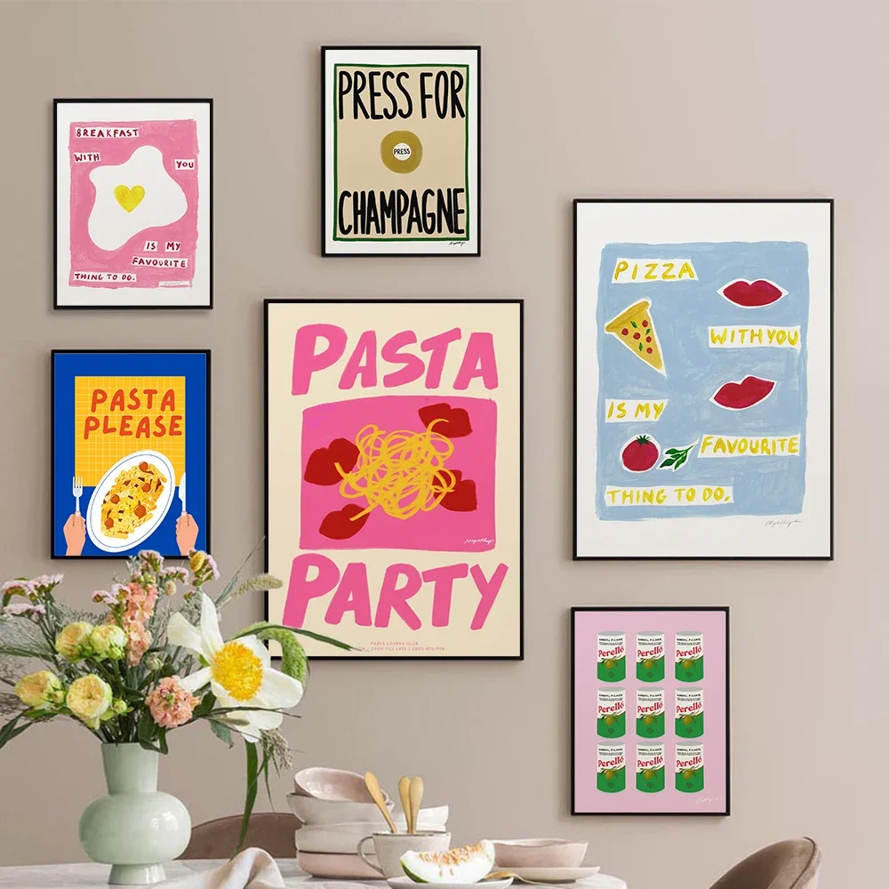 Arte de Comida a Color, Huevo Frito, Pasta, Pizza, Aceitunas, Impresión Minimalista en Lienzo, Pósteres para Sala de Estar, Decoración Moderna para el Hogar