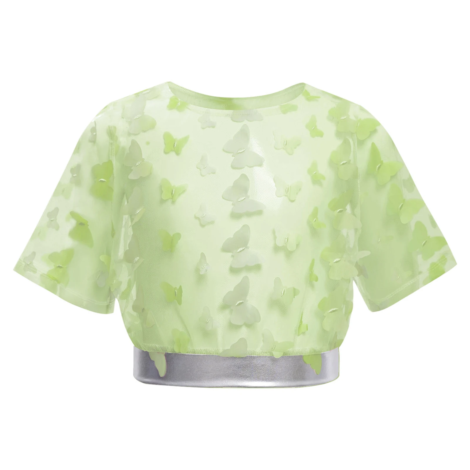 

Kid Girls Crop Top Butterfly Sheer Mesh Cover-Ups Short Sleeve Sports Yoga Tank Top for Ballet Dance Warm Up Gymnastics Practice