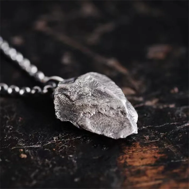 Retro Trendy Men's Irregular Black Stone Pendant Jewelry Fashionable Personality S925 Chain Necklace Male Meteorite Accessories view 4