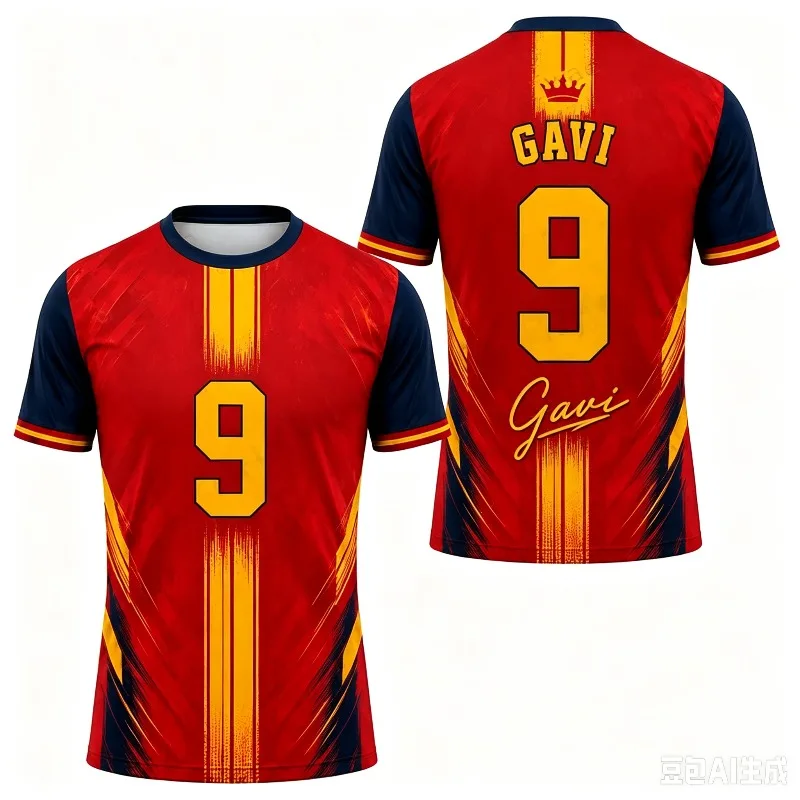 Unisex Spain Inspired No.19 Football Training T-shirt Gradient Red Navy Print Quick Dry Outdoor Soccer Fan Casual Sports Top