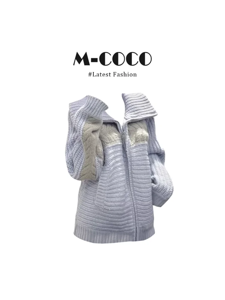 

Spring New Loose Knitted Soft Blue Zipper Cardigan Women's Style Cleanfit Polyester Fiber Long Sleeve Striped Sweater Coat