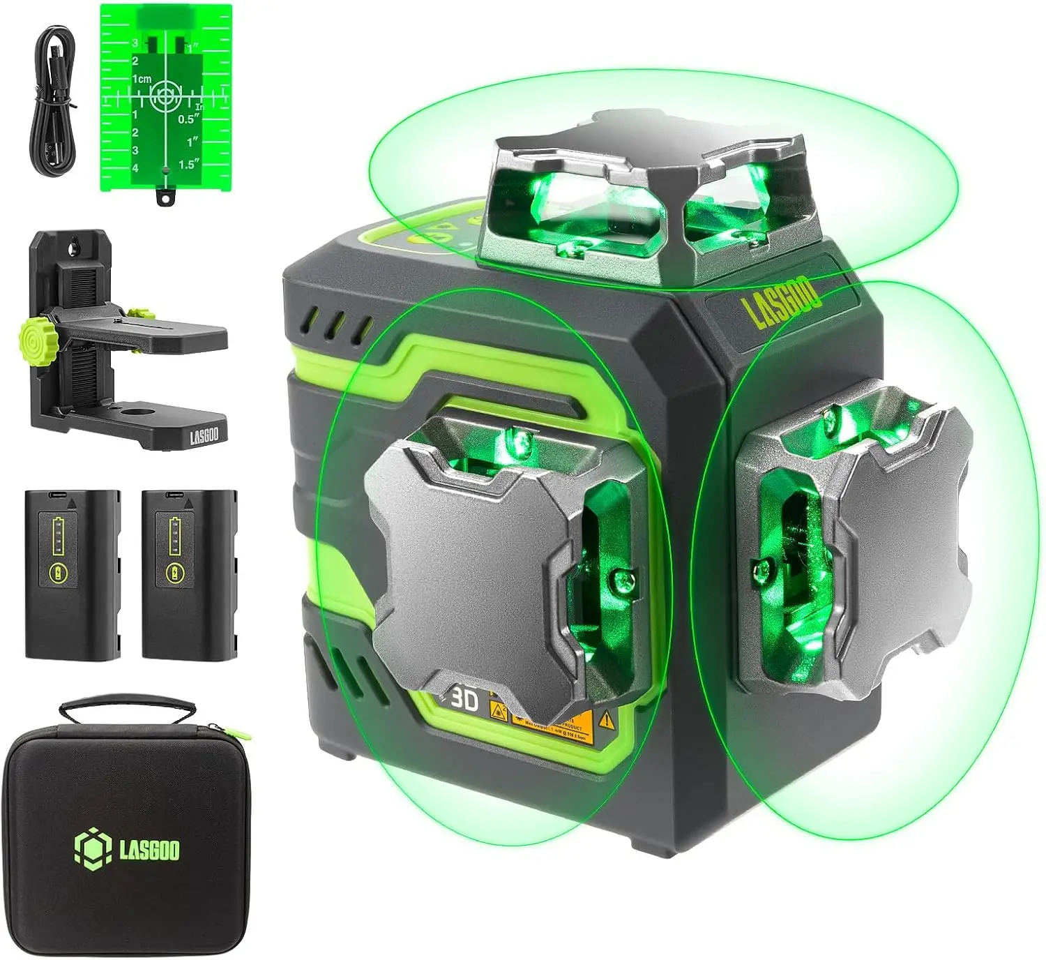 

3D Laser Level Self Leveling 3x360 Green Beam Cross Line Laser for Construction 2 Rechargeable Batteries Magnetic Stand
