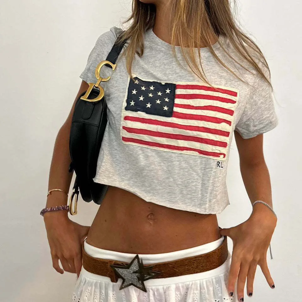 2026 Women American Street Spicy Girl Crop Top Flag Print Short Sleeve Cropped T Shirt Unique Navel Exposing Slim Fashion Summer