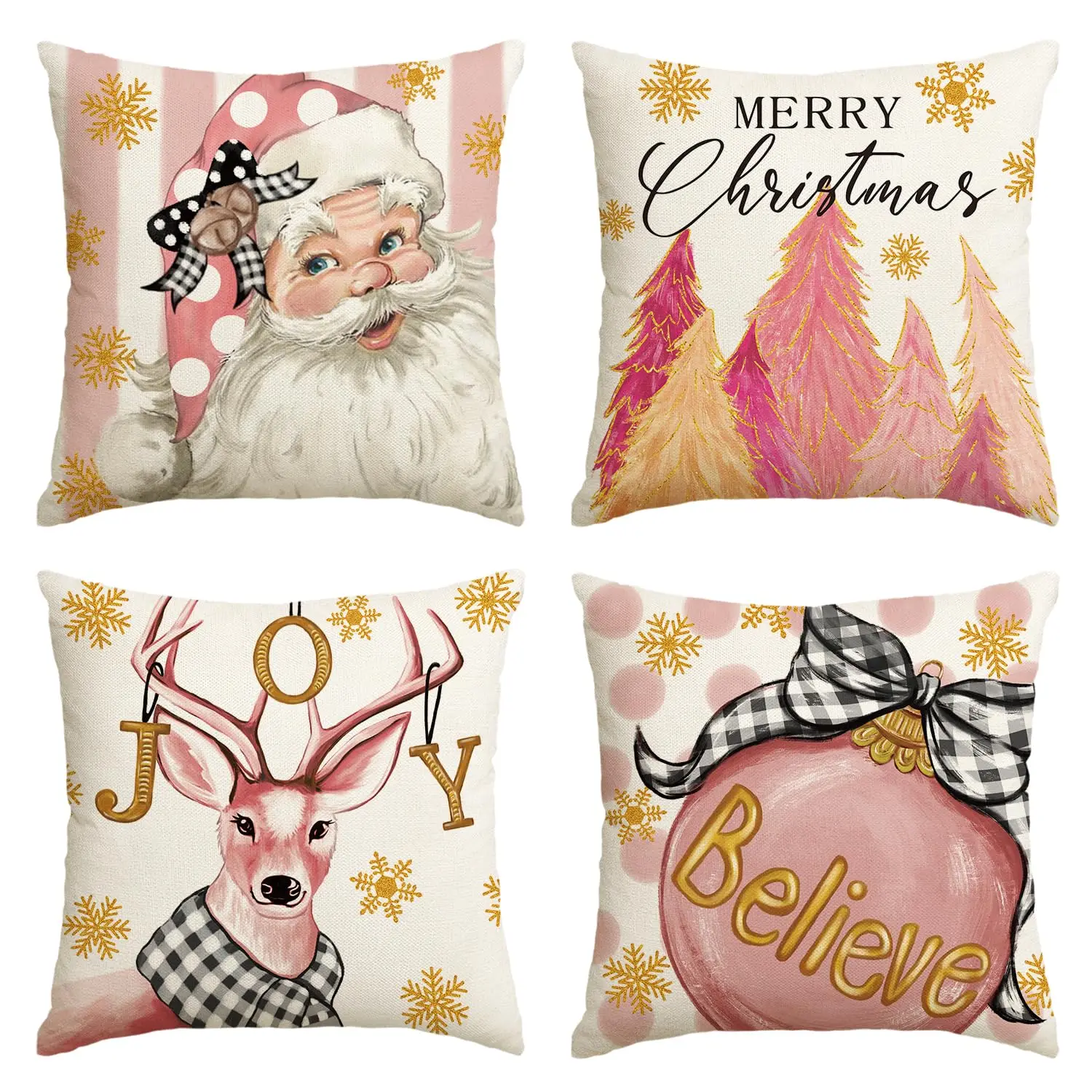 

Merry Christmas Throw Pillow Covers,Santa Tree,Reindeer Believe,Holiday Cushion Case,Decor for Sofa Couch, 18x18 Inch, Set of 4