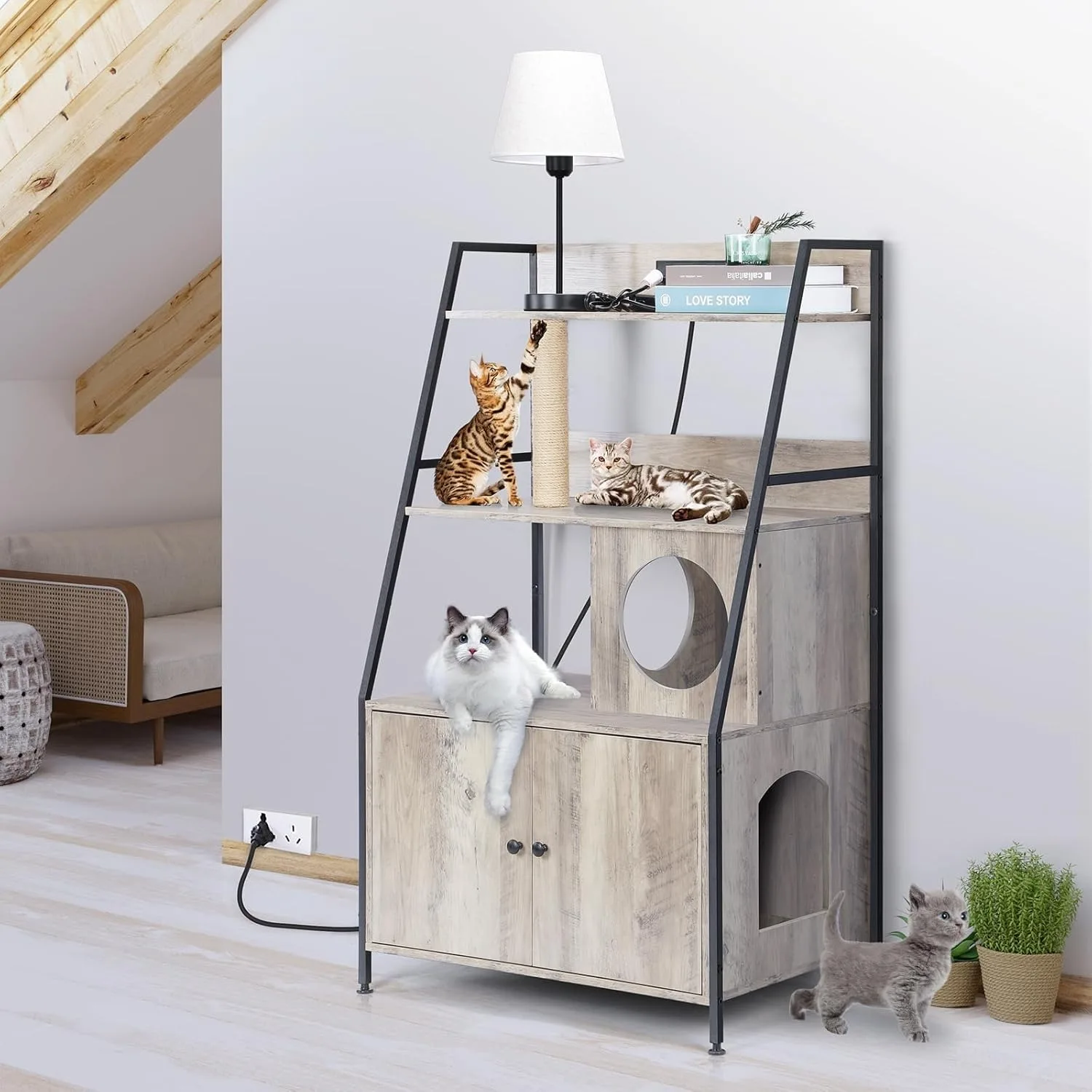 حاوية فضلات القطط الطويلة موفرة للمساحة مع رفين ومحطة شحن، صندوق فضلات يخفي لمعظم الأحجام (أسود)