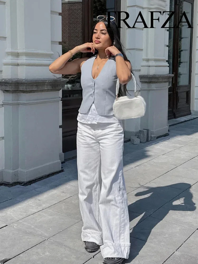 

TRAFZA Woman's Fashion Trousers Solid High Waist Pocket Belt Decoration Zipper Female 2025 Summer Casual Long Pant 4 Color