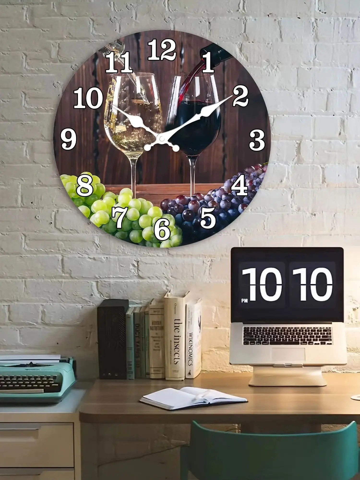 1 10-16 inch wooden wall clock, wine poured into a glass, purple and green grape design wall clock, silent clock, suitable for h