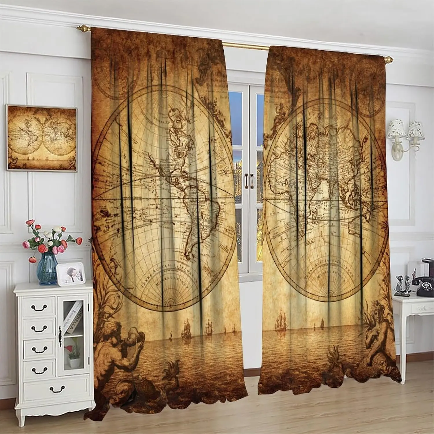 Vintage Map Curtains,Old Map Pirate Ship Pattern Decor Print Window Drapes for Bedroom Living Room Home Kitchen 42x45 Inch
