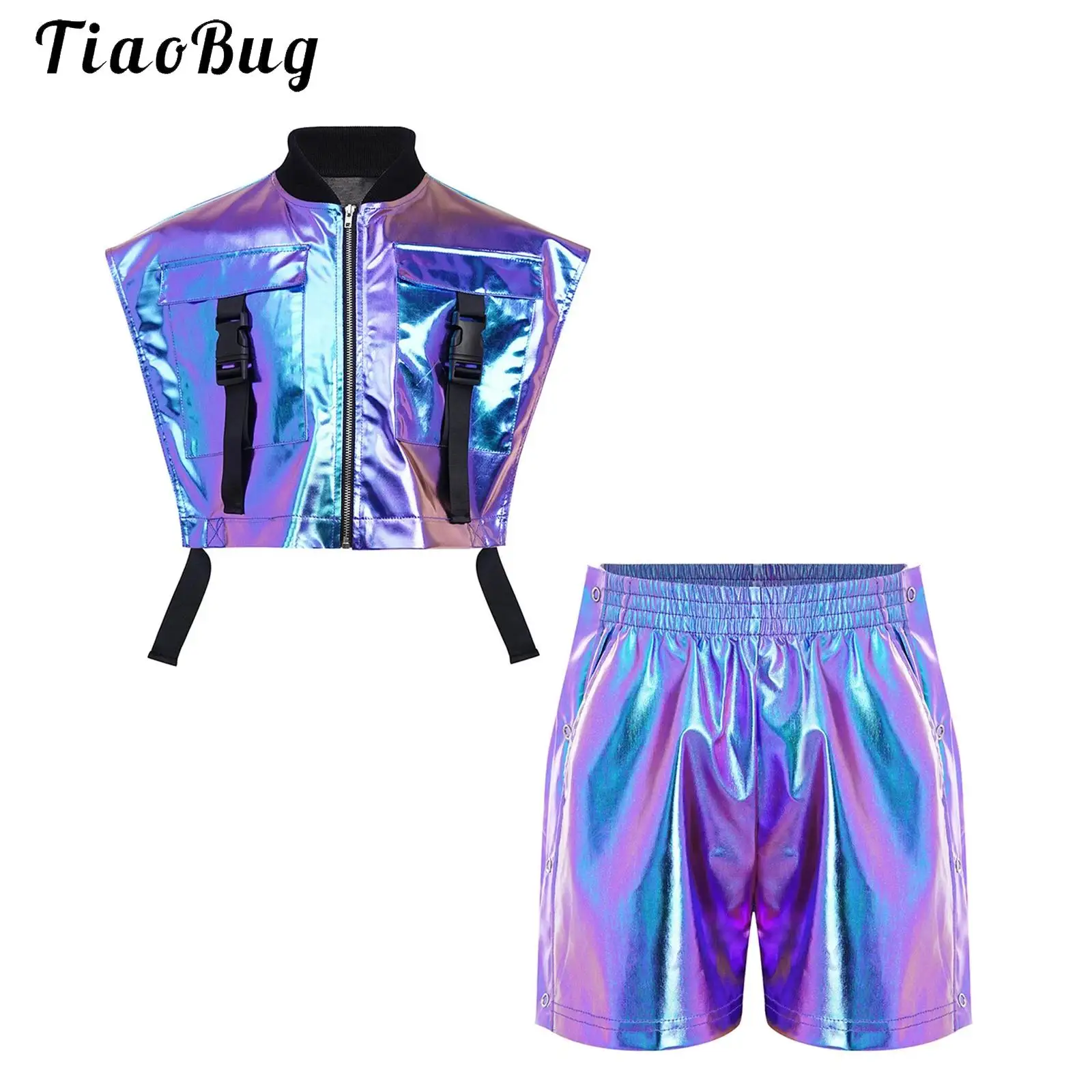 Girls Hip Hop Jazz Dance Costume Sleeveless Zipper Metallic Crop Tank Top Vest Tear-away Side Press Buttons Shiny Shorts Set