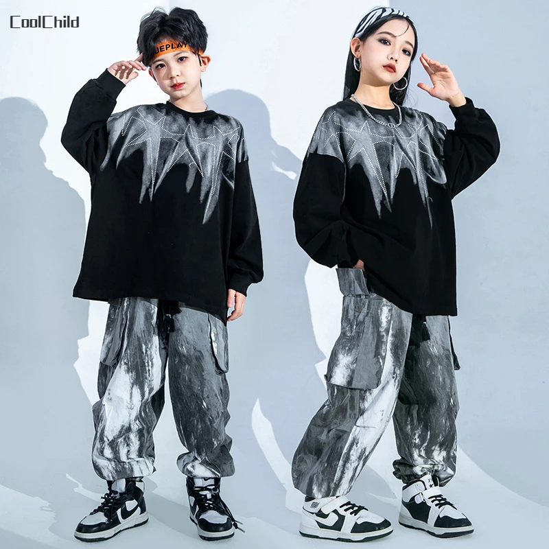 Boys Hip Hop Contrast Sweatshirt Tie Dyed Cargo Pants Girls Street Dance Star Clothes Set Kids Streetwear Children Jazz Costumes