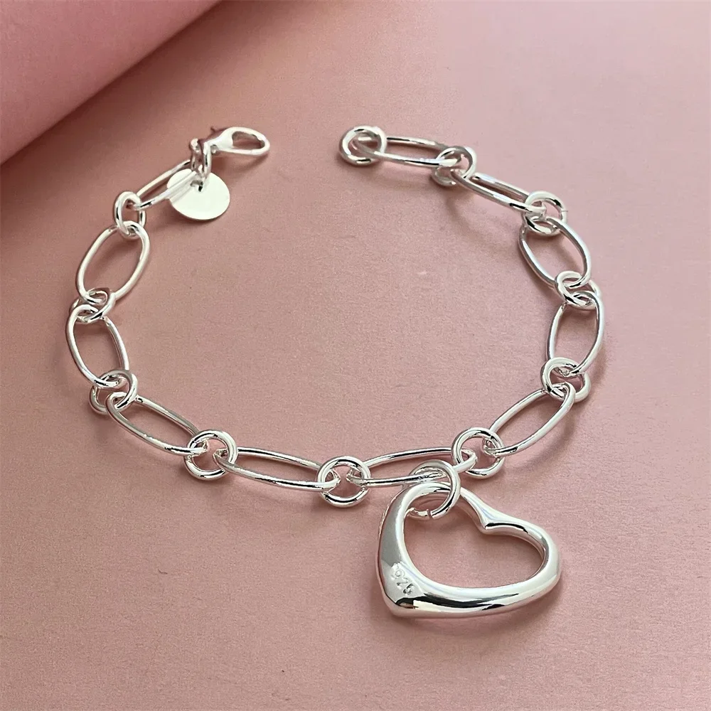 S925 Sterling Silver Paper Clip Heart Pendant Bracelet Men And Women Jewelry Gift