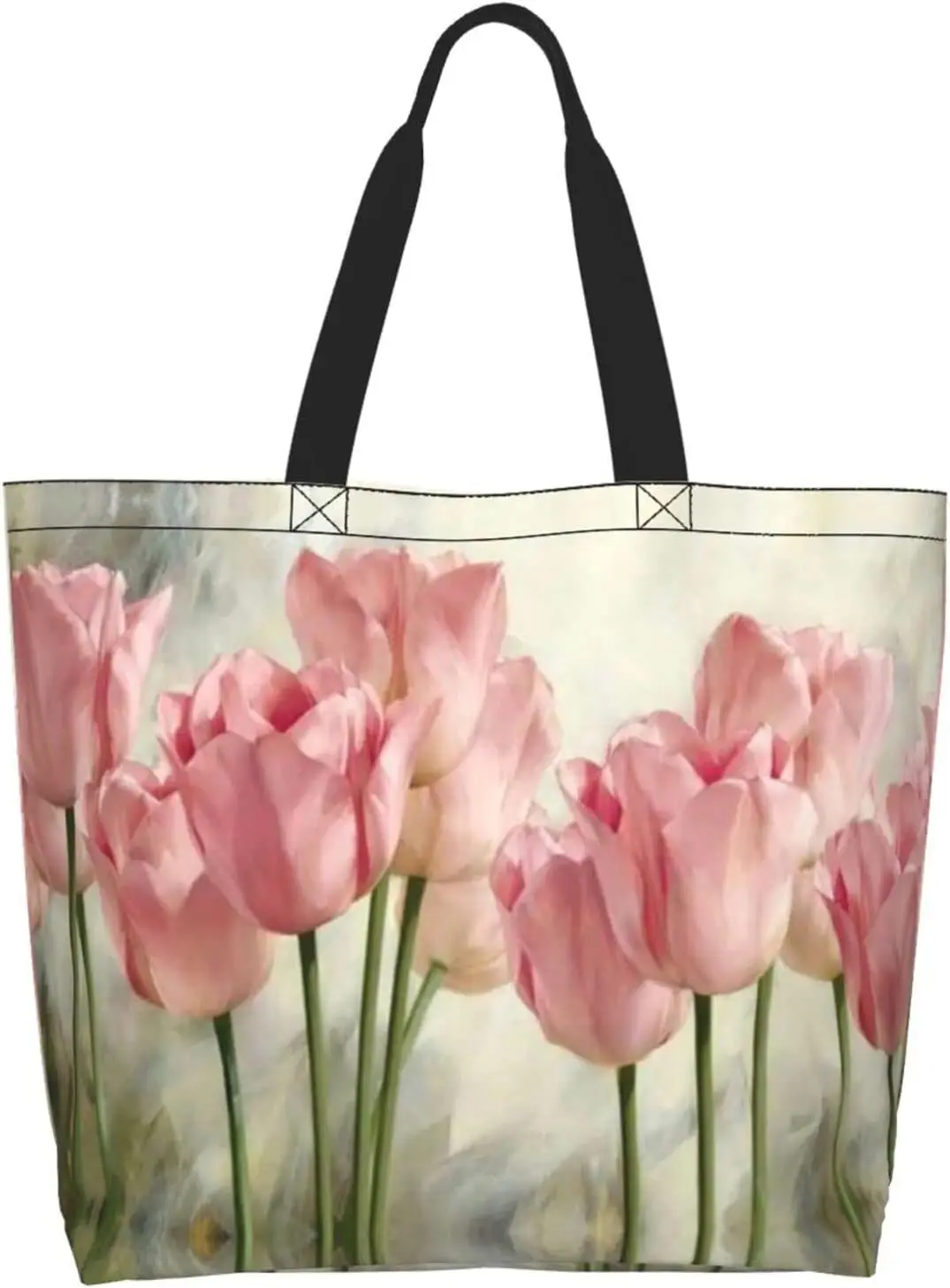 Colorful Tulip Flowers Women Tote Bag Casual Shoulder Bag Spring Summer Handbag Reusable Shopping Travel Grocery Bag Gifts