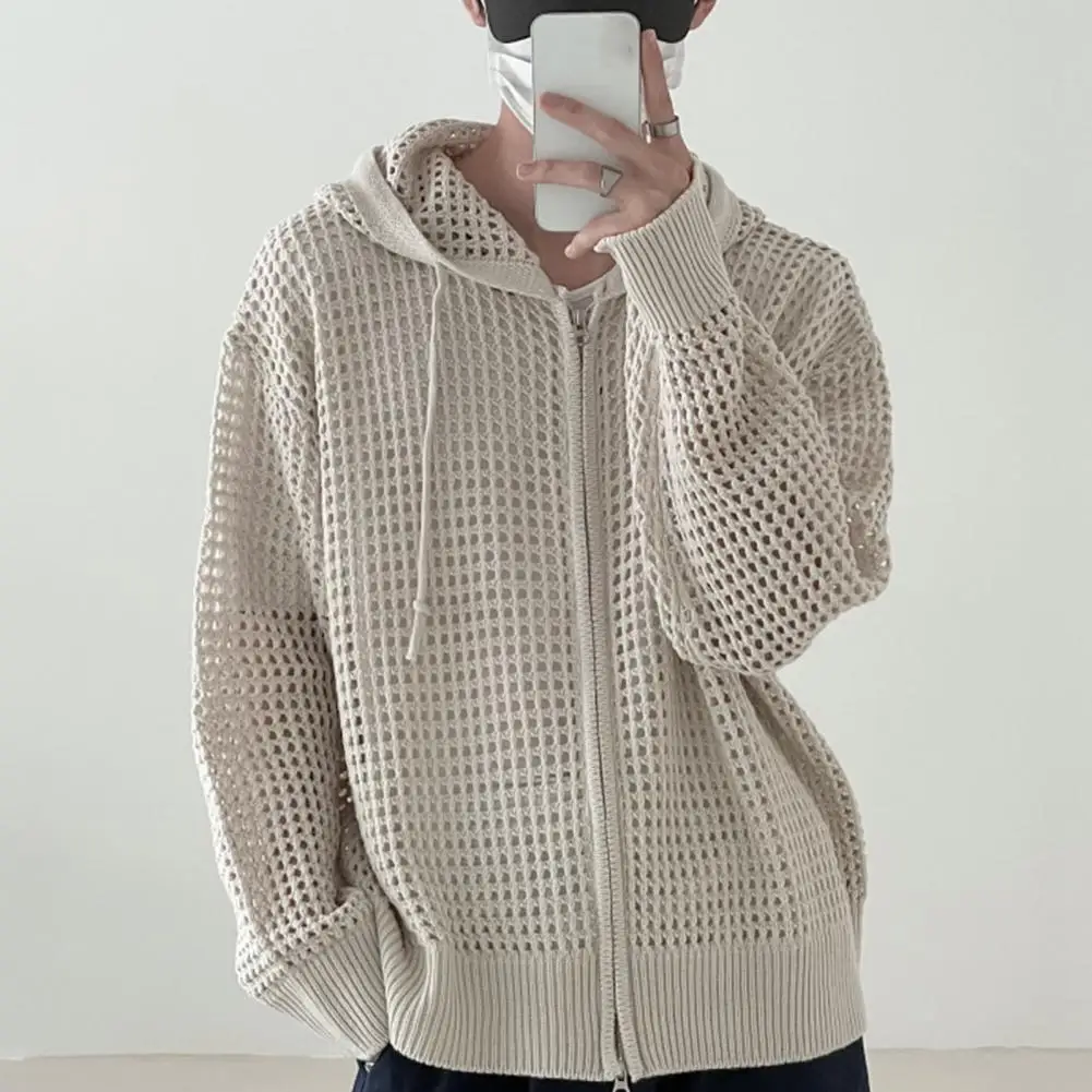 Chaqueta de punto para hombre, cárdigan de Hip Hop con diseño ahuecado, cierre de cremallera, abrigo de invierno a la moda para otoño