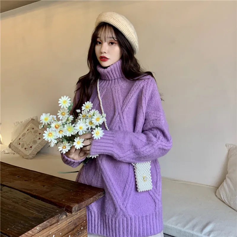 Korean Turtleneck Knitted Sweater Women 2024 Autumn Pink Beige Purple Long Sleeve Casual Loose Jumpers Ladies Pullover Knitwear