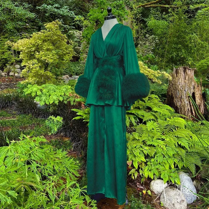 Robes de nuit en plumes pour femmes, vêtements de nuit sexy en satin, ensemble 2 pièces, vêtements et pantalons, ceinture, séance photo, sur mesure, grande taille