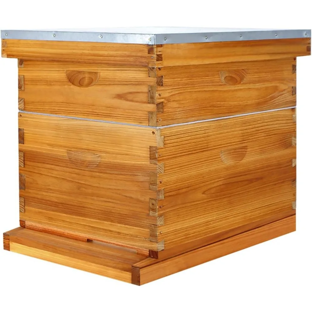 

10 Frame Langstroth Beehive Kit Dipped in 100% Beeswax Bee Hives with 1 Deep Bee Box and 1 Medium Bee Hive Box with Frame and Fo