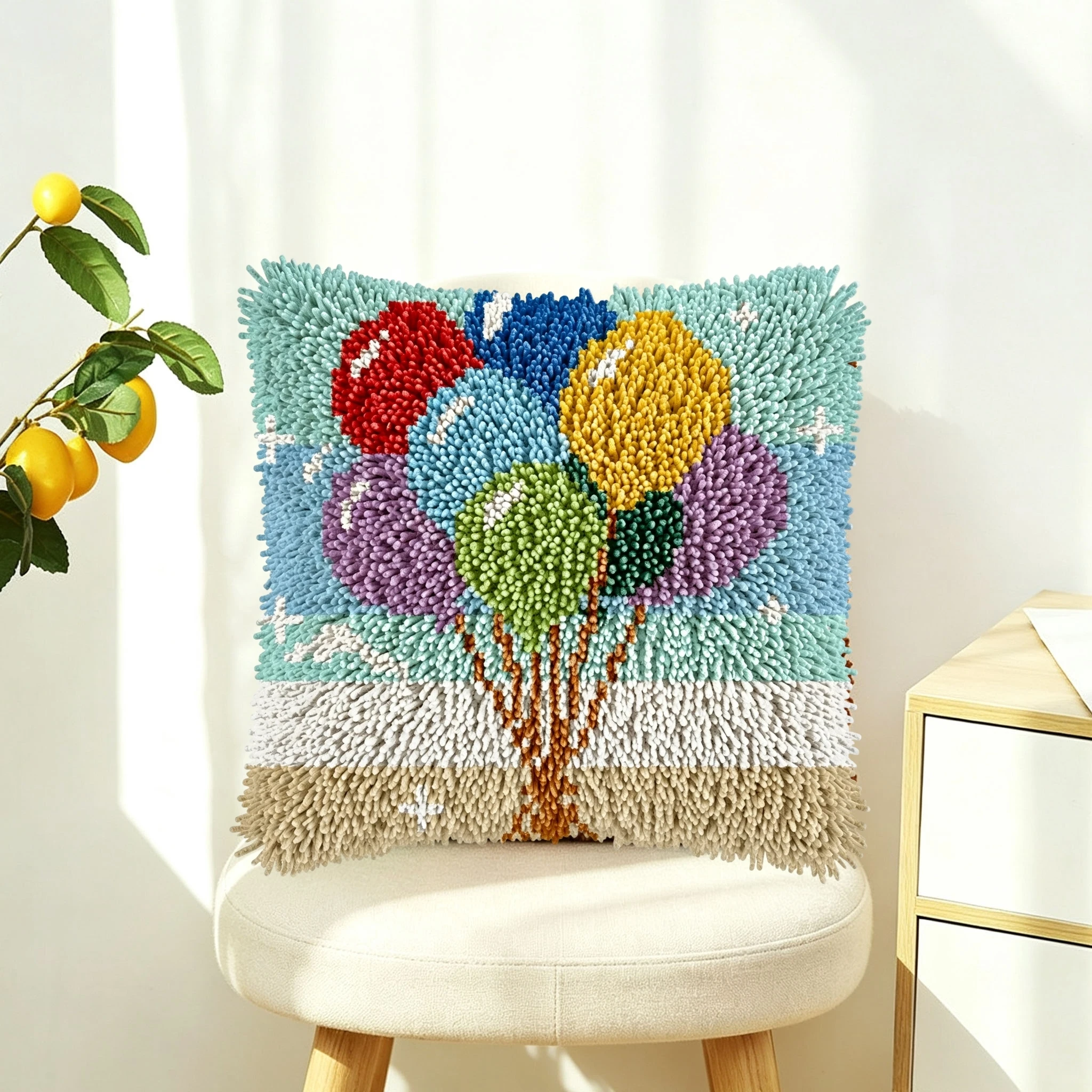 1Set Colorful Balloon Tree Knot Pillow Latch Hook Kit Cushion Pillowcase Set For Needlework Latch Hook Kits DIY Beginner-friendl