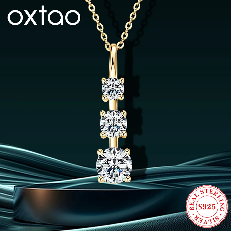 

OXTAO Original 925 Silver Chain Necklace with Certified Moissanite Three Stone Pendant Necklace Wedding Jewelry for Woman