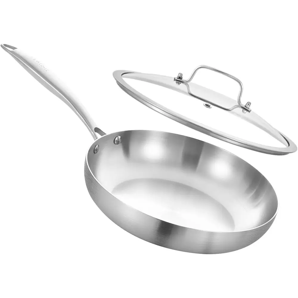 

8-дюймовая трехслойная сковорода из нержавеющей стали с крышкой, для омлетов, яиц, индукционная, подходит для посудомоечной машины и духовки