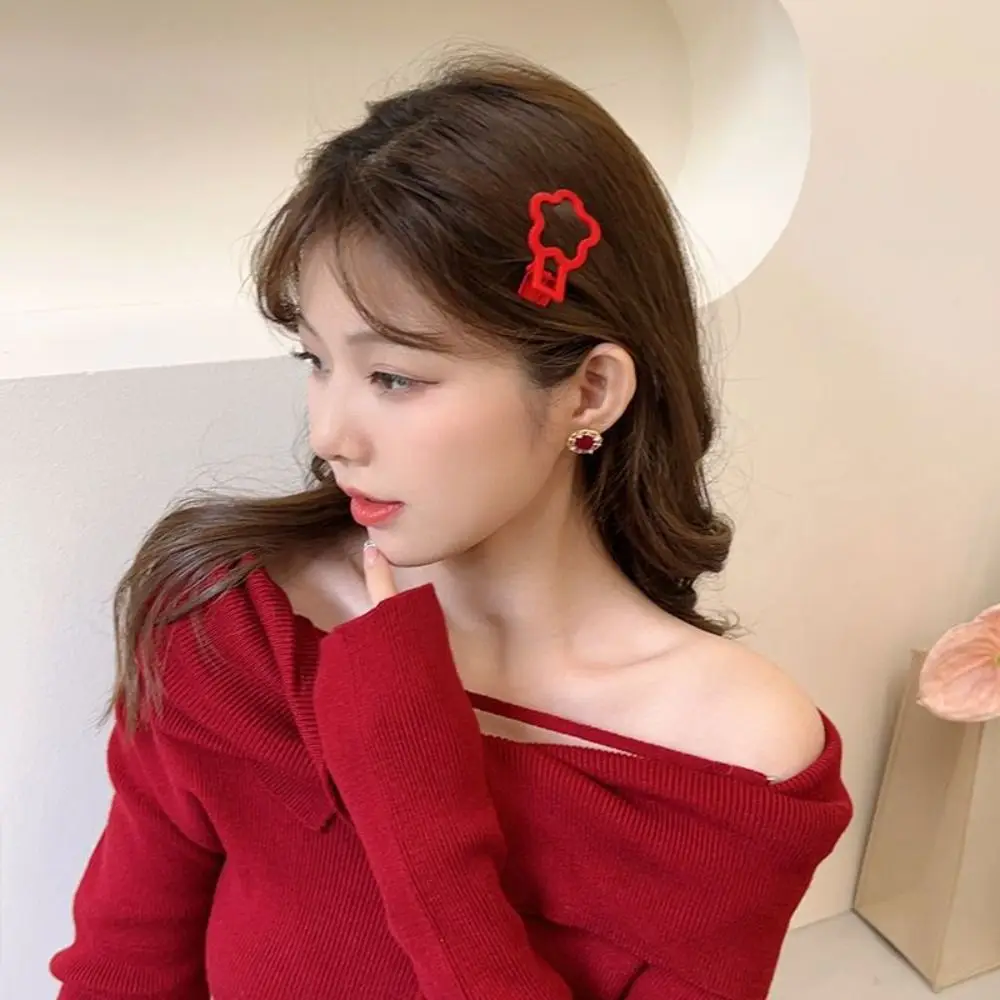 

New Year Headwear New Year's Red Hair Clip Red Chinese Style Hair Barrette Headdress Fresh and Sweet Matte Snap Hair Clips
