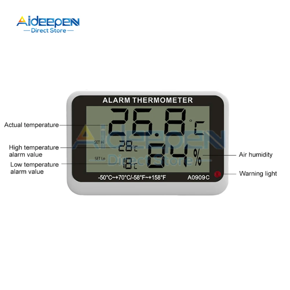 Termometro digitale LCD Igrometro Congelatore Igrotermografo Misuratore di temperatura e umidità alti/bassi con allarme ℃ / ℉   Interruttore