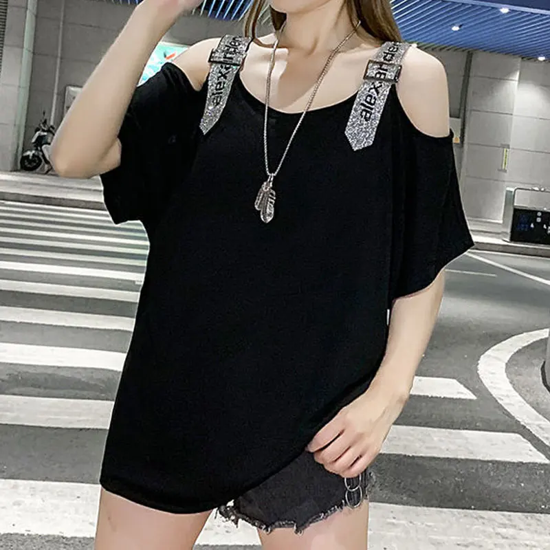 Streetwear Solid Color Fashion Slash Neck T-shirt Women\'s Clothing Sexy Off Shoulder Summer Casual Spliced Loose Midi Pullovers