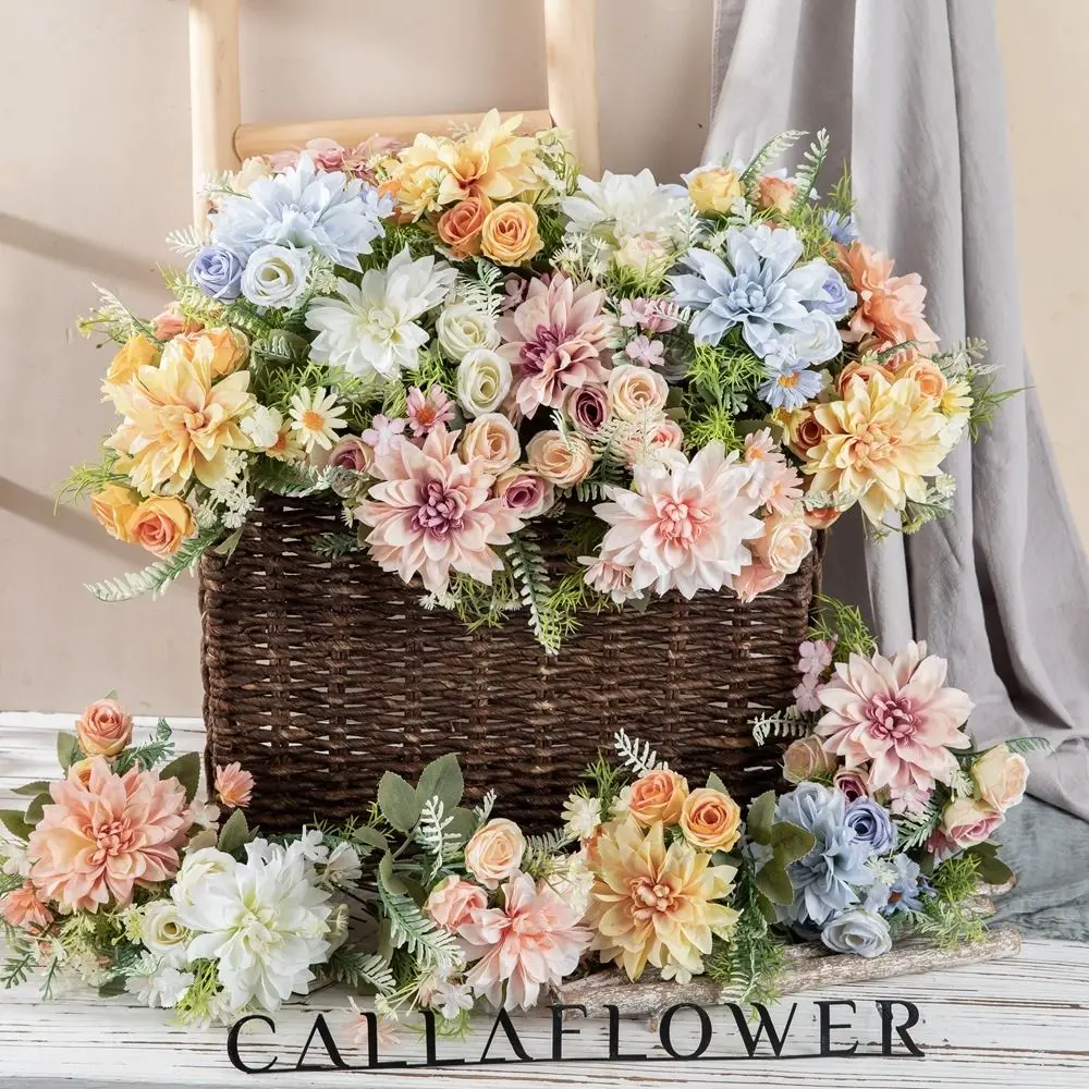 

Luxury Artificial Dahlia Rose Flowers Plastic Realistic Simulation Dahlia Flower Elegant Fake Flowers Living Room Decor
