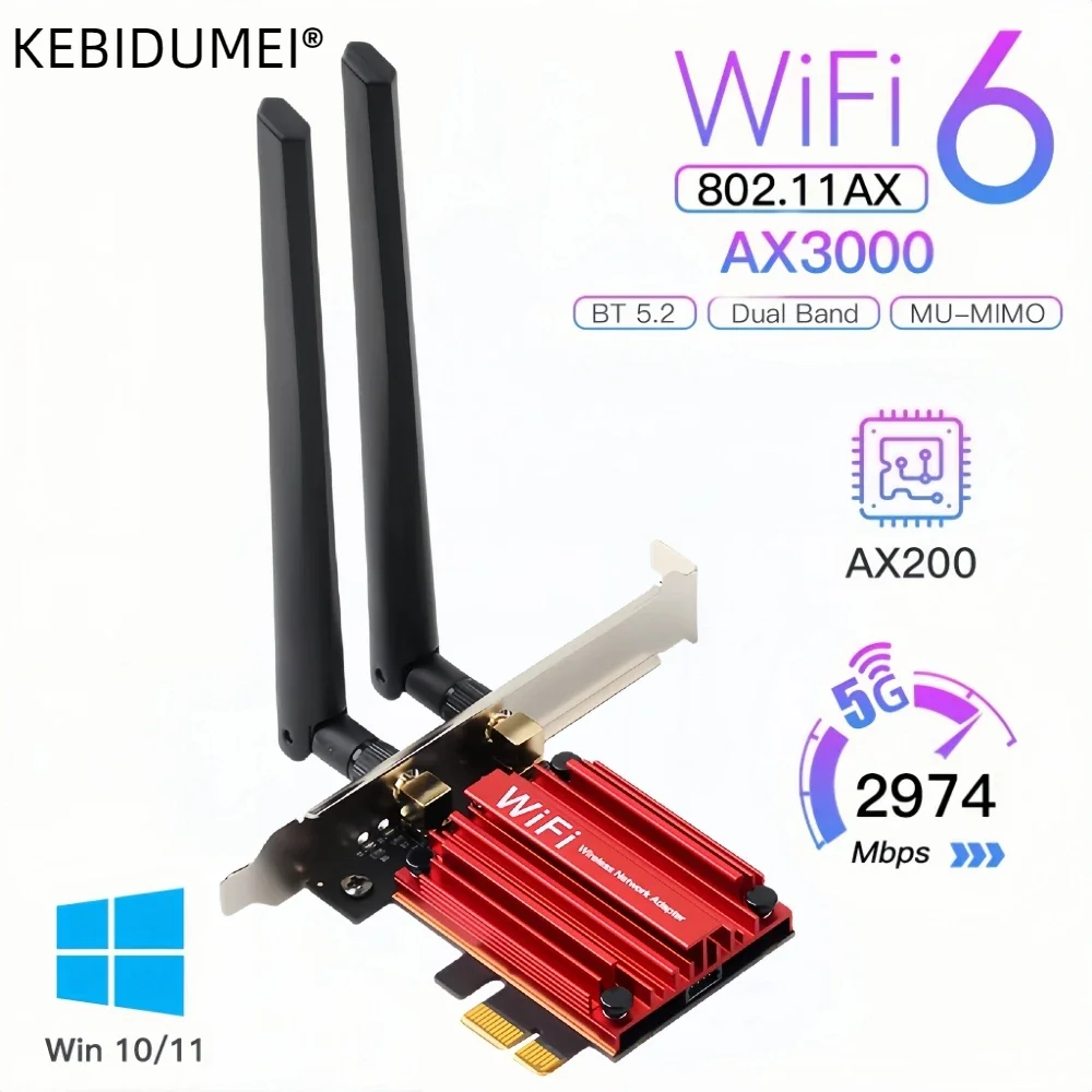 

3000Mbps AX3000 AX200 WiFi 6 PCI-E BT5.2 Dual Band 2.4G/5Ghz Gaming Wireless PCIe Card Adapter 802.11AX For Win 10/11 Desktop