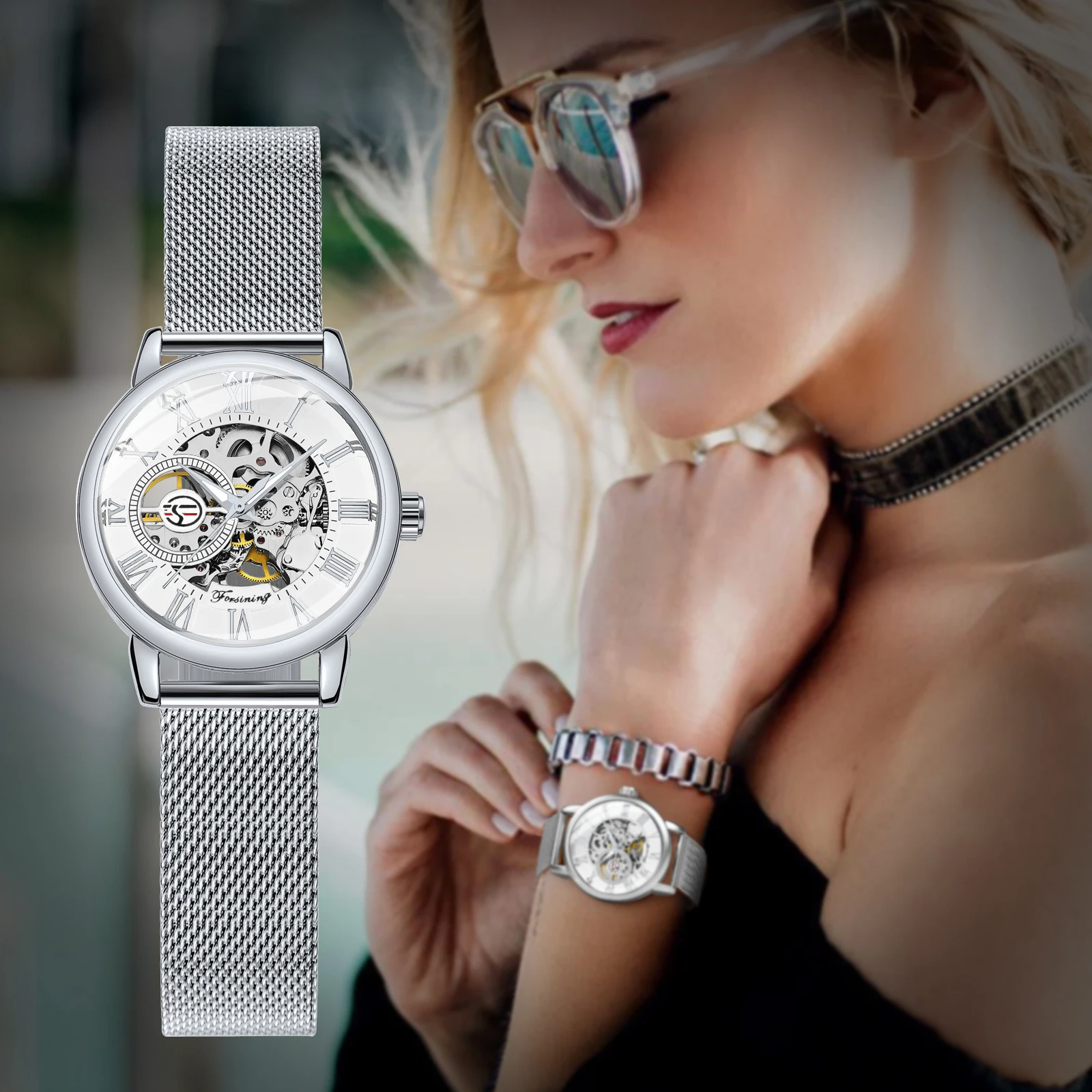 Forsining Silver Skeleton Mechanical Watch for Women Fashion Luminous Hands Elegant Luxury Ladies Watches Mesh Steel Strap New