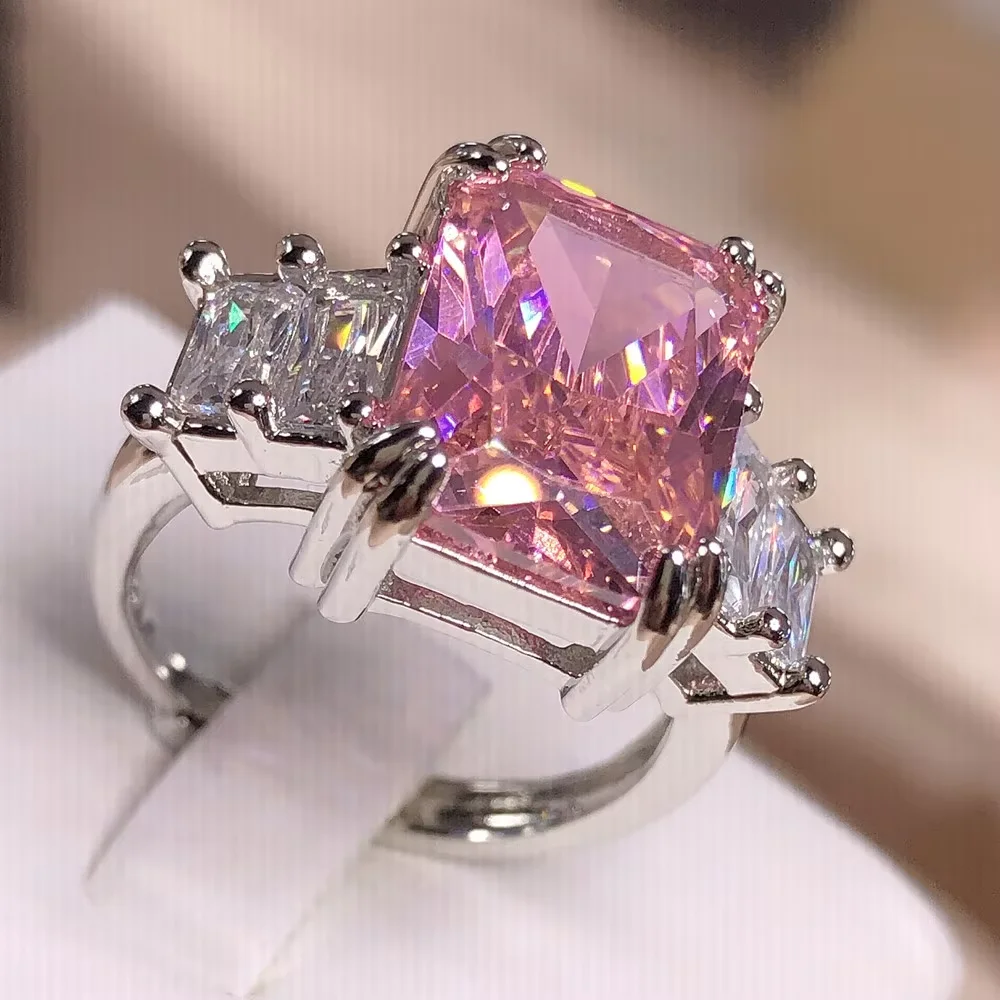 Radiant Cut Yellow/Pink/Blue Zircon Three Stone Ring White Gold Color Big Stone Women Engagement Statement Ring - view 6