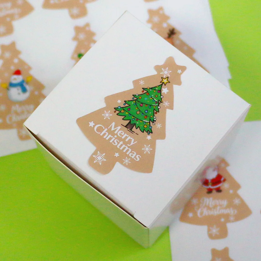 

60pcs/set Christmas Tree Stickers Envelope Seals, Kraft Paper Christmas Tree Pattern Stickers Gift Tag Label For Packaging Cards