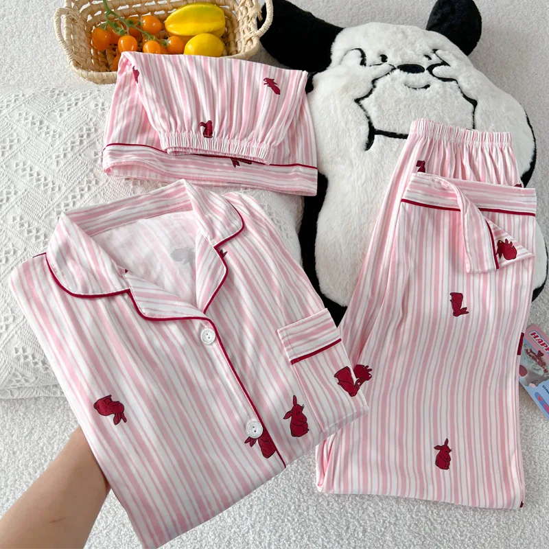 

Female Short Sleeve Lapel Rabbit Print Pink Striped Homewear Women Summer Pajamas Three-piece Set Comfortable Leisure Sleepwear