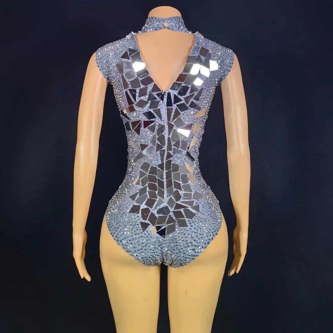 Body de diamantes de imitación con espejos plateados brillantes para mujer, traje de actuación de baile Sexy, leotardo sin mangas para club