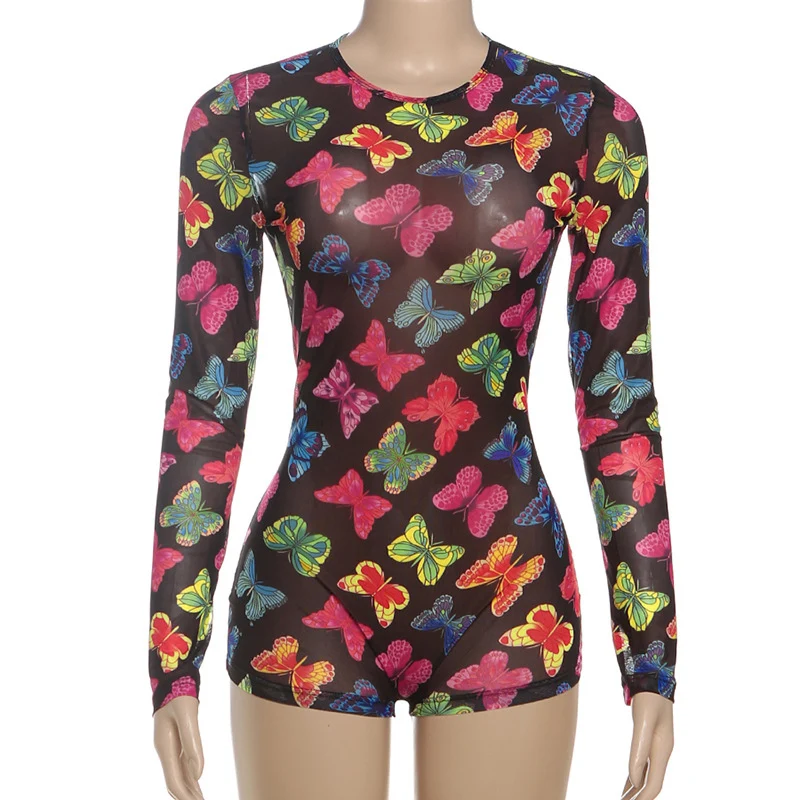 Sexy Colore Bufferfly Stampa Pagliaccetto Tuta Donna Body Manica lunga O-Collo Backless Mesh Sheer Party Night Club Abiti
