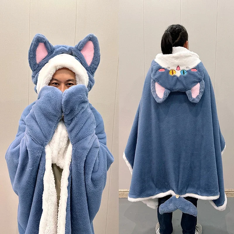 Cute Seal Cat Hooded Wearable Blanket Cloak with Gloves