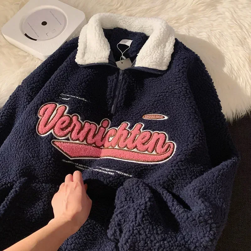 Vintage Lamb Wool Sweatshirt Women Embroidery Letter Hoodies Winter Warm Fleece Coat Women Fashion Oversized Baseball Streetwear