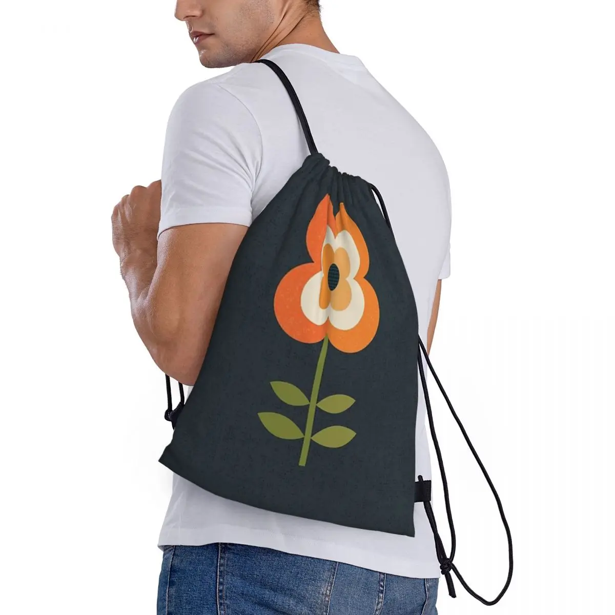 Borsa con coulisse con logo modello personalizzato Fiore retrò - Zaino da viaggio arancione e carbone Borsa da scuola per studenti   