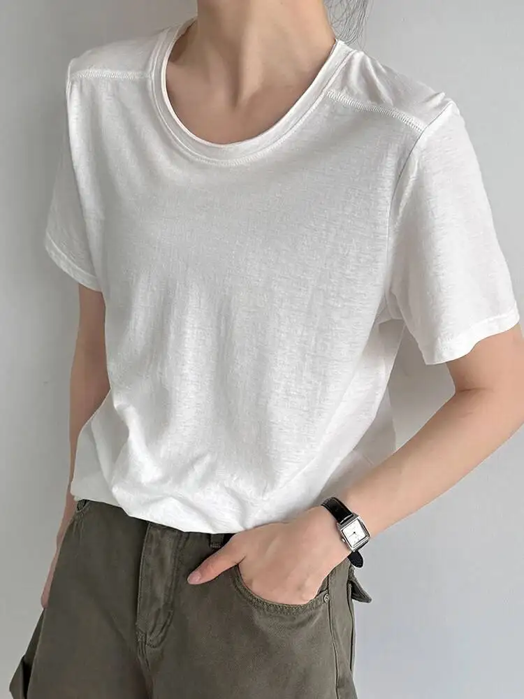 Women Yellow Plain Color Brief Casual Slim T-shirt New Round Neck Short Sleeve Fashion Tide Spring Summer