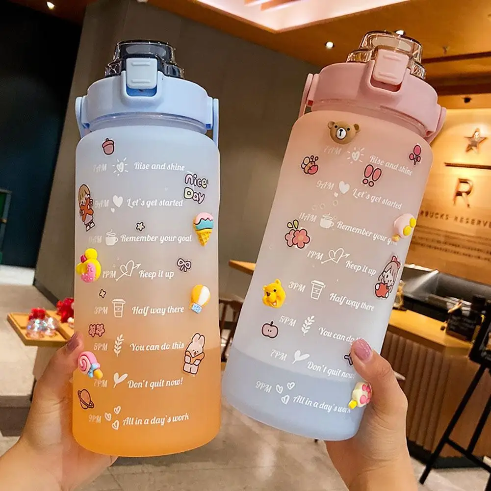 

YOUZI 2L Gradient Color Water Bottle With Time Scale Reminder 2l Large Capacity Frosted Cup With Bounce Lid Cute Stickers PP