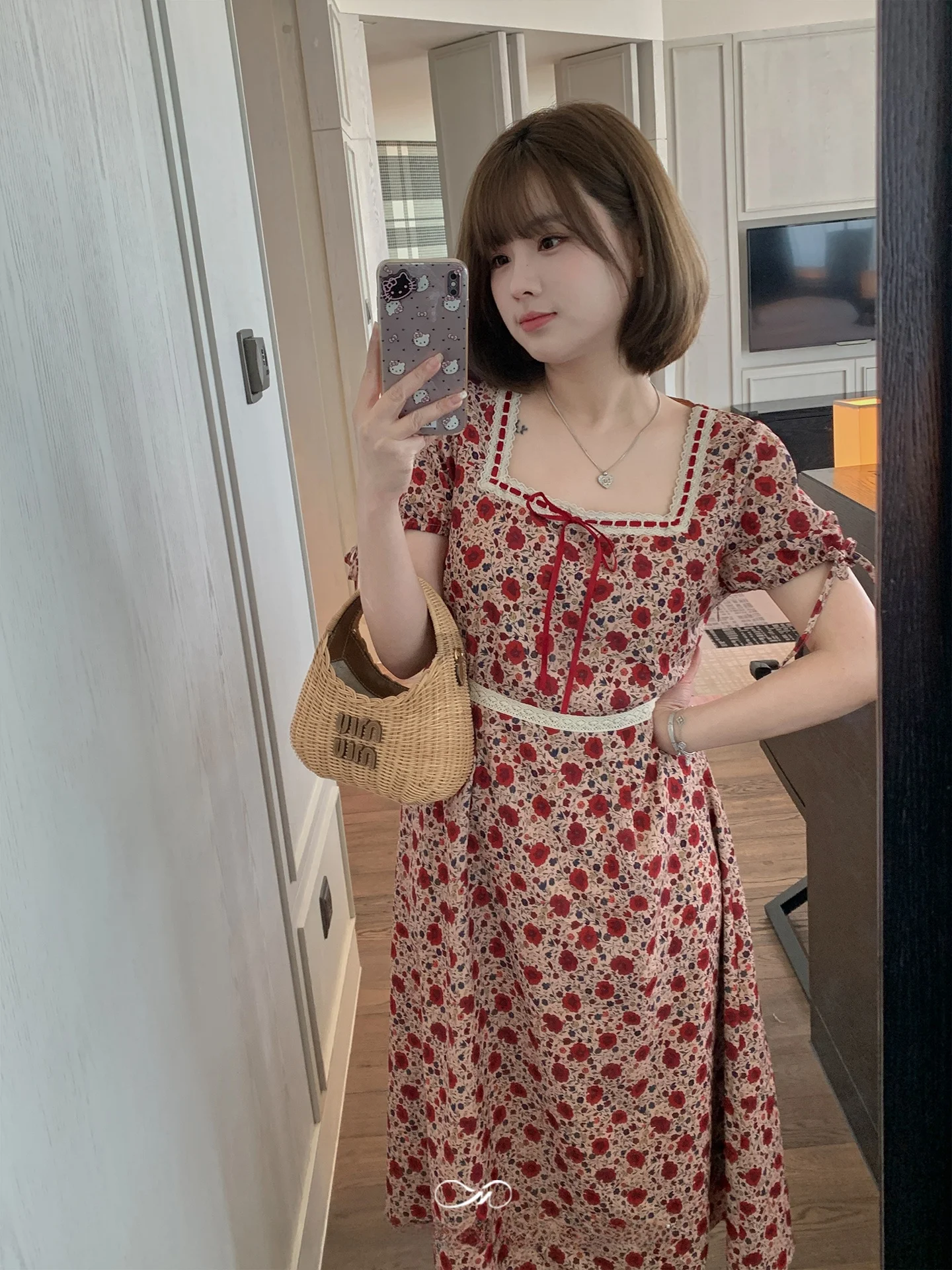 

Mascotte plus Size Women's Dress Square Collar Rose Floral Print Midi Spring Dress Slimming A-Line Skirt French Style Polyester