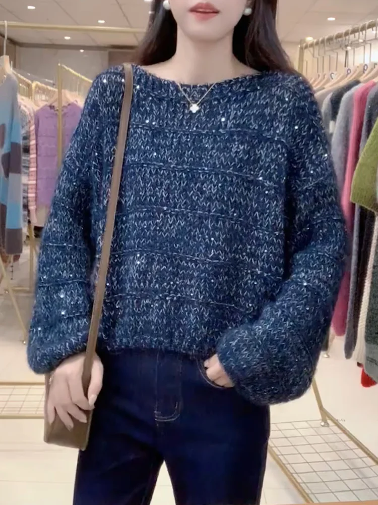 

Элегантный свитер с пайетками и круглым вырезом, повседневный универсальный топ для осеннего сезона, больших размеров, удобный, в корейском стиле, шерстяной.