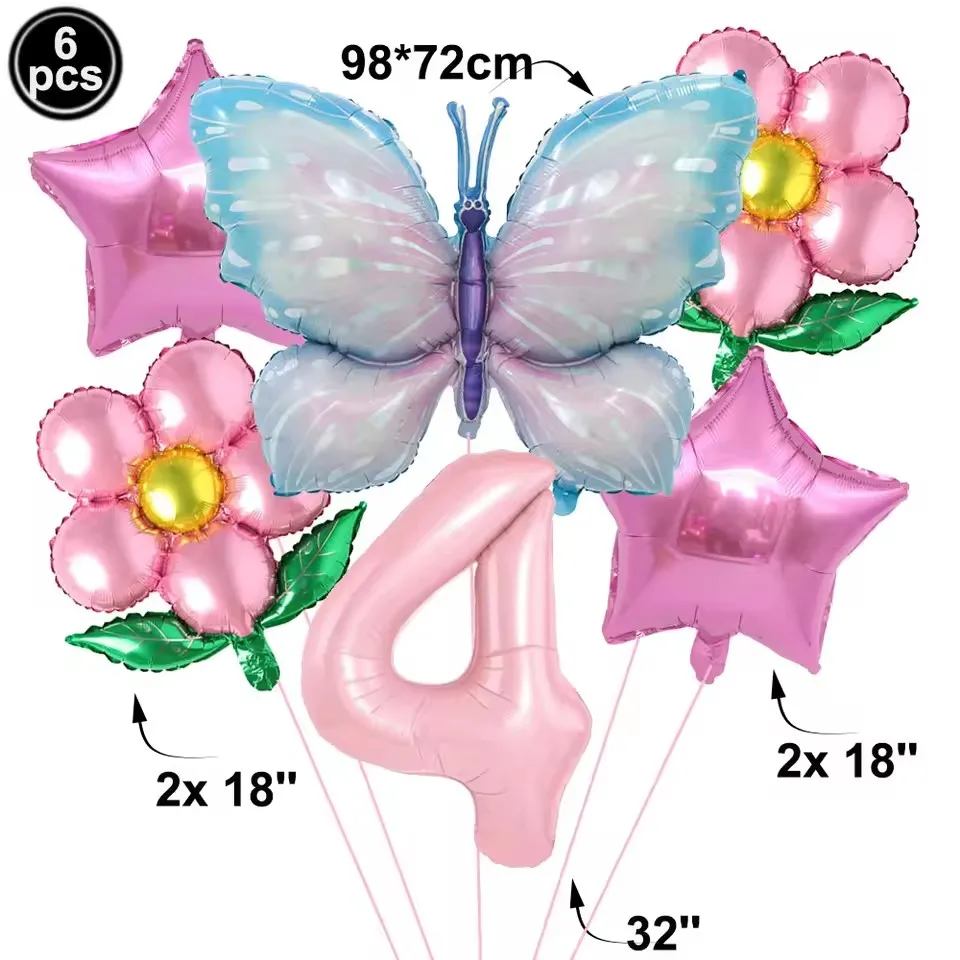 Pink Number Balloon Butterfly Balloon Set Butterfly Balloons Foil 32inch 1st-9th Number Birthday Decor for Girl Baby Shower