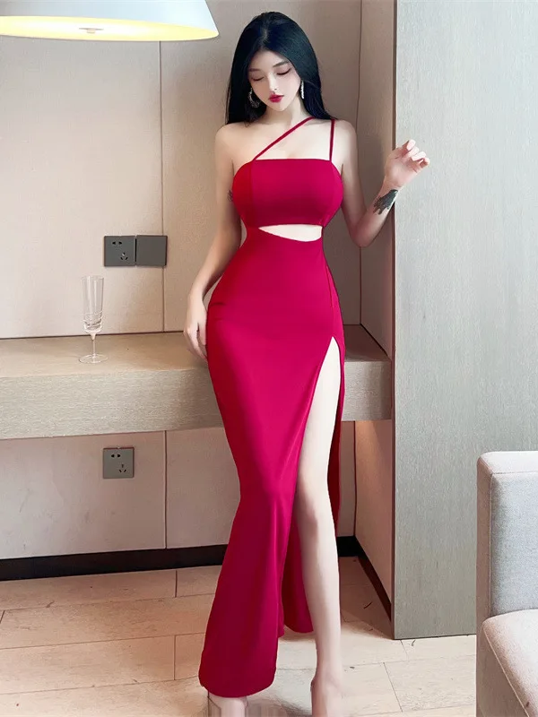 Sexy Style Oblique Shoulder Long Dress Evening Dress High Grade Split Dress Women Solid Fork Mature Charming Temperament 20JI